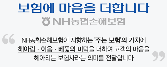 보험에 마음을 더합니다. NH농협손해보험 (NH농협손해보험이 지향하는 '주는보험'의 가치에 헤아림•이음 •베풂의 미덕을 더하여 고객의 마음을 헤아리는 보험사라는 의미를 전달합니다.)
